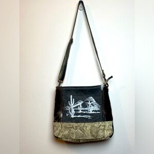 Myra Leather, Cowhide, Upcycled Distressed Canvas Crossbody Bag